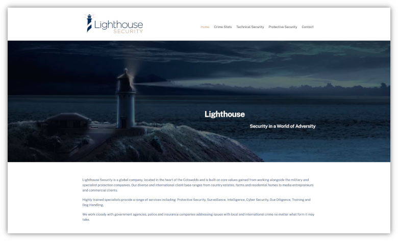A screenshot of the Lighthouse Security WordPress Website by Not Just Code