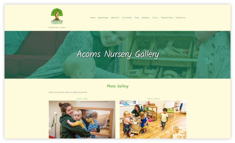 A screenshot of Acorns Nursery School WordPress Website by Not Just Code
