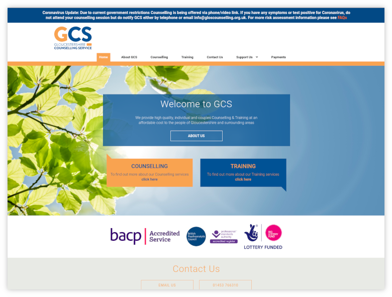 A screenshot of the Gloucestershire Counselling Service WordPress eCommerce Website by Not Just Code
